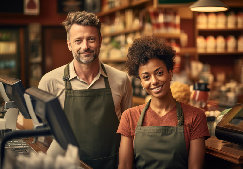Expert-comptable artisan et commerçant : deux commerçants en tablier derrière le comptoir de leur boutique